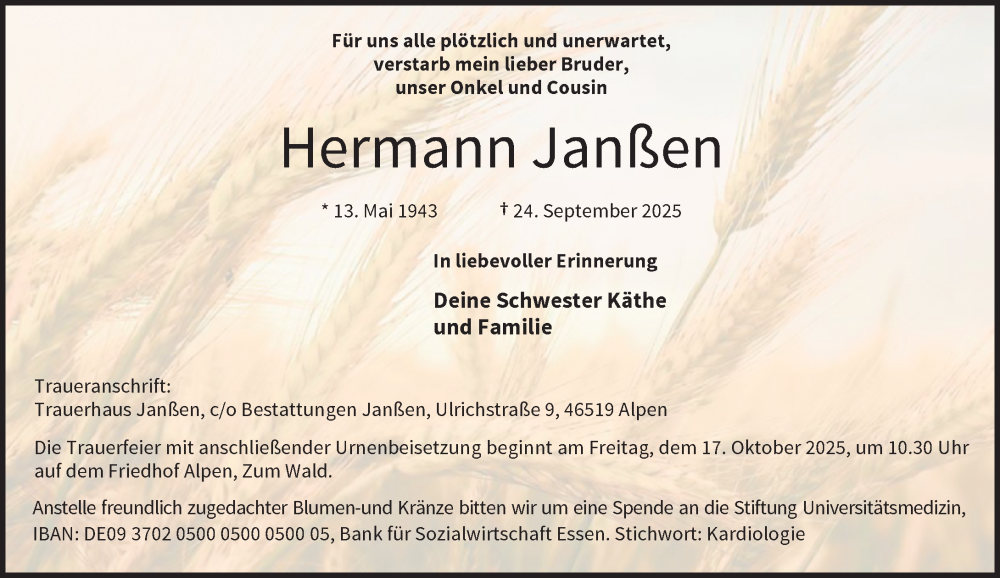  Traueranzeige für Hermann Janßen vom 11.10.2025 aus Rheinische Post
