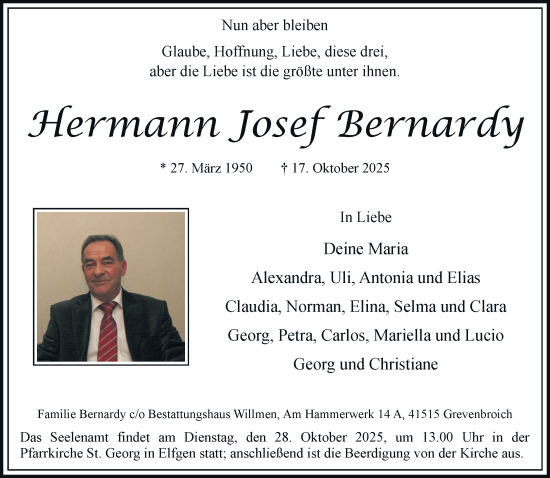 Traueranzeige von Hermann Josef Bernardy von Rheinische Post