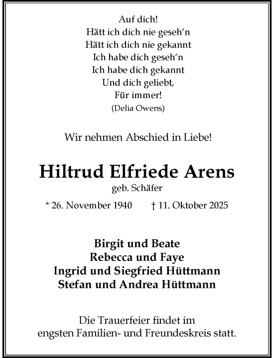 Traueranzeige von Hiltrud Elfriede Arens von Rheinische Post