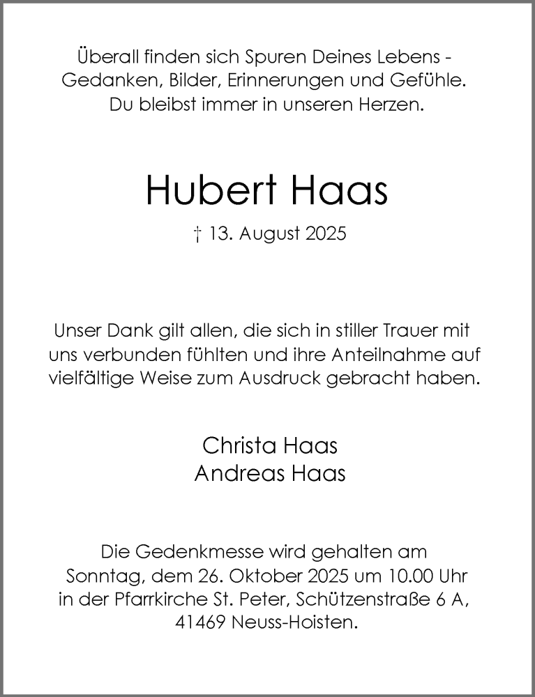  Traueranzeige für Hubert Haas vom 18.10.2025 aus Rheinische Post