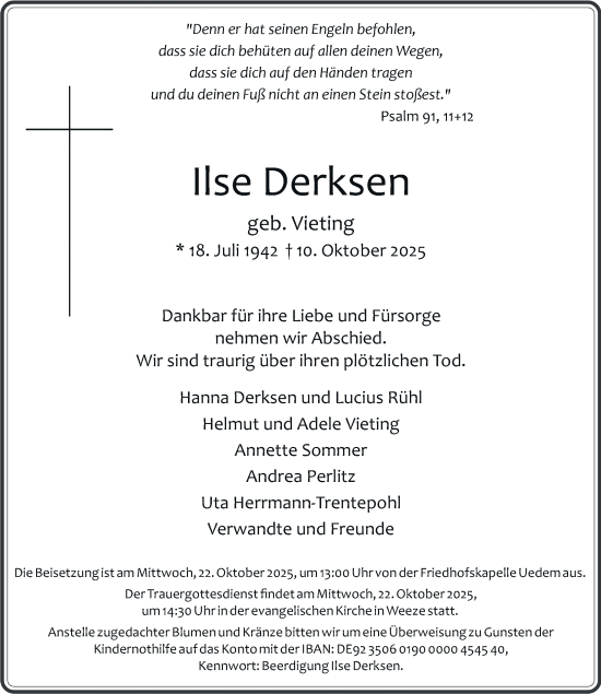 Traueranzeige von Ilse Derksen von Rheinische Post