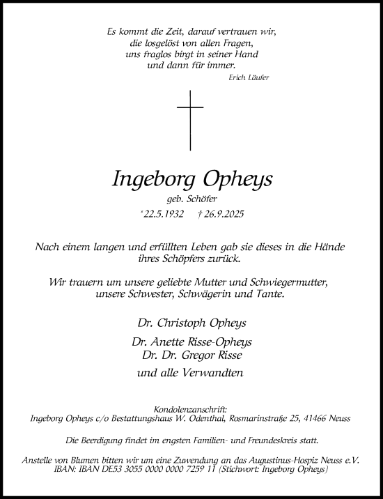Traueranzeige von Ingeborg Opheys von Rheinische Post