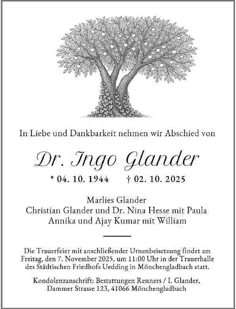 Traueranzeige für Ingo Glander vom 11.10.2025 aus Rheinische Post
