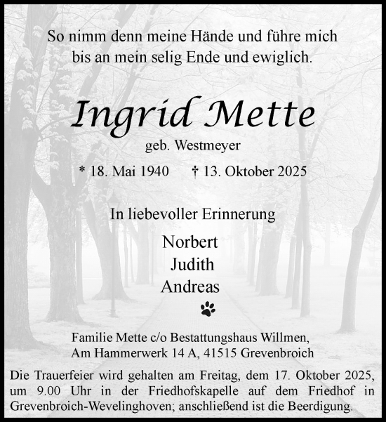 Traueranzeige von Ingrid Mette von Rheinische Post