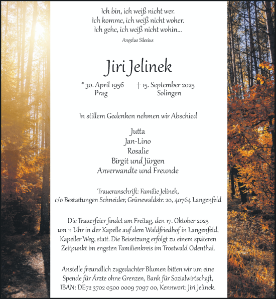 Traueranzeige von Jiri Jelinek von Rheinische Post