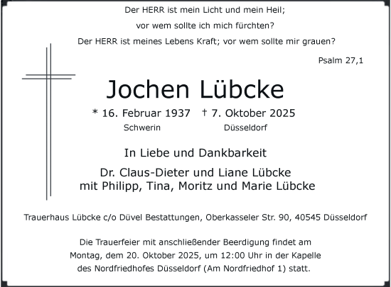 Traueranzeige von Jochen Lübcke von Rheinische Post