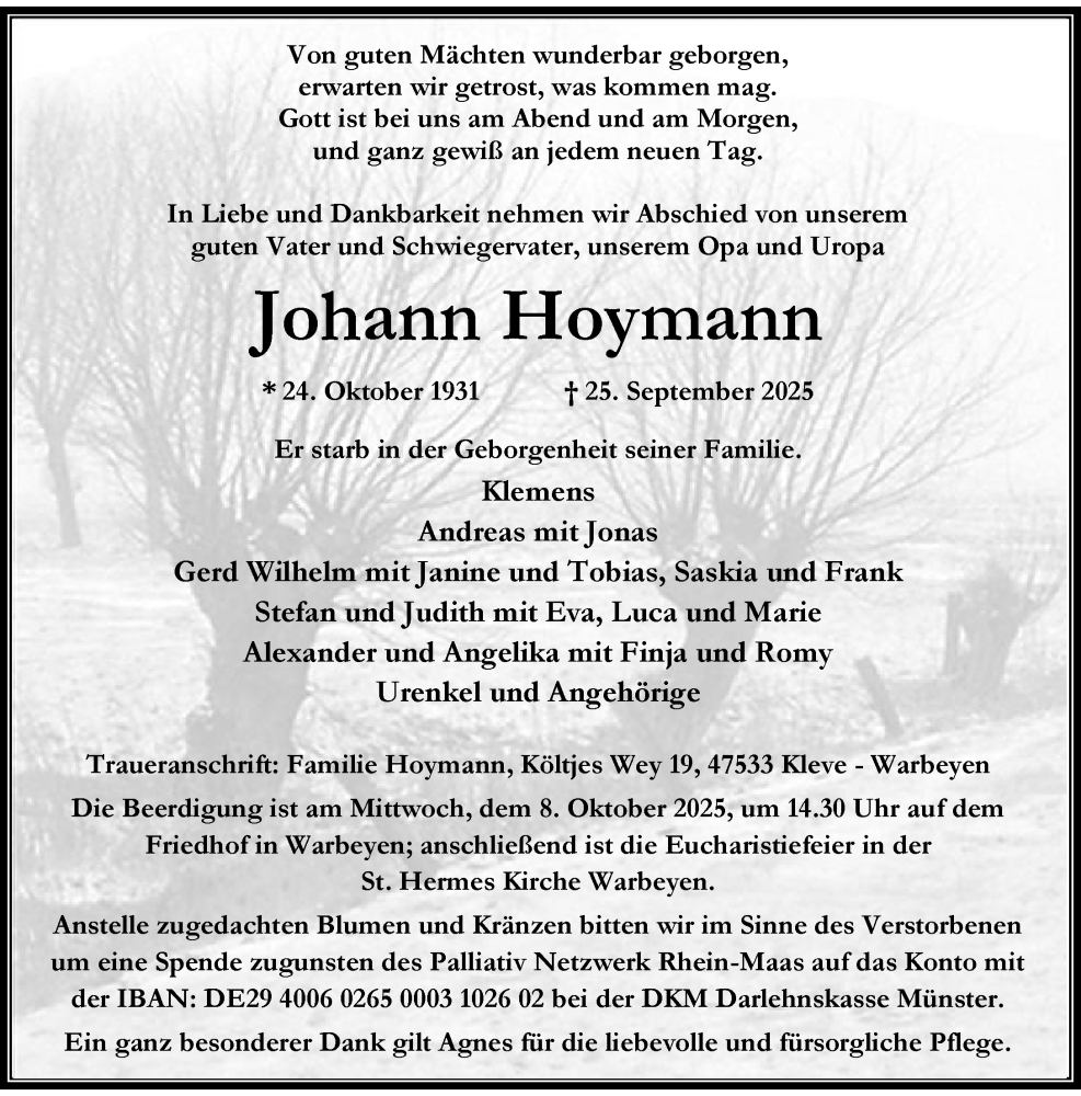  Traueranzeige für Johann Hoymann vom 04.10.2025 aus Rheinische Post