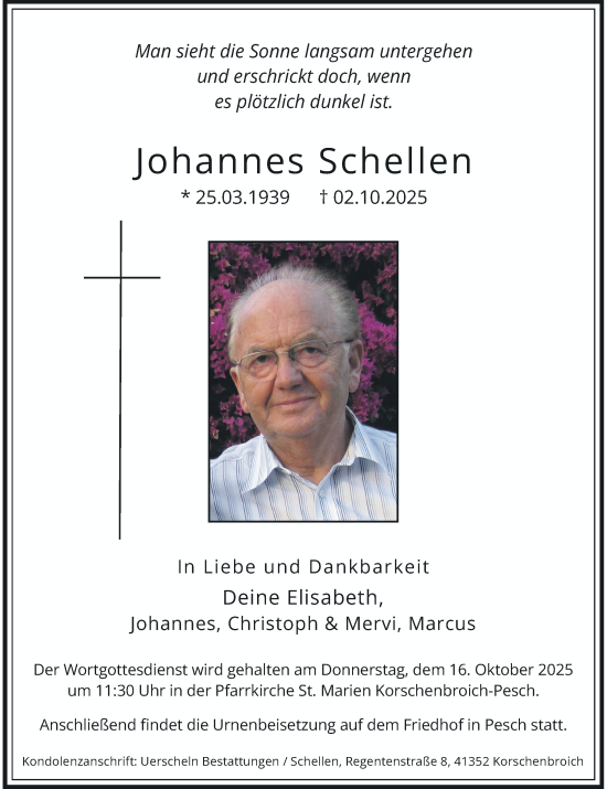 Traueranzeige von Johannes Schellen von Rheinische Post