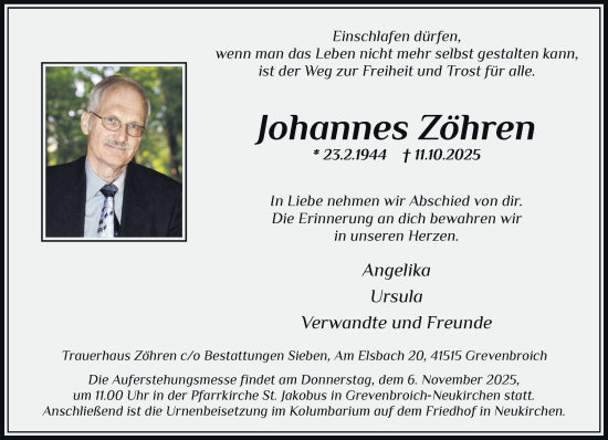 Traueranzeige von Johannes Zöhren von Rheinische Post