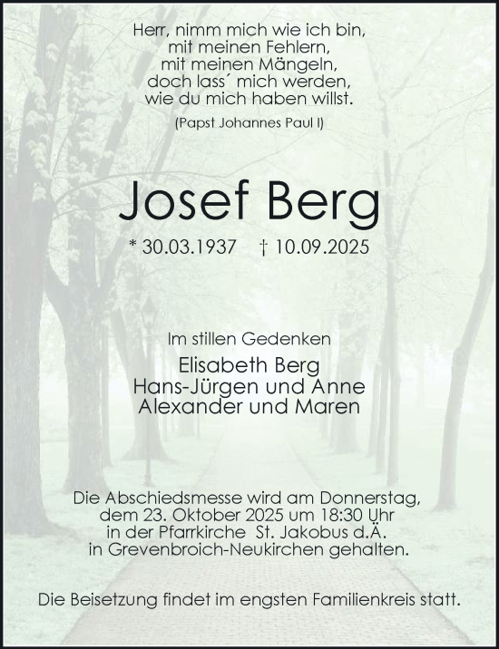 Traueranzeige von Josef Berg von Rheinische Post