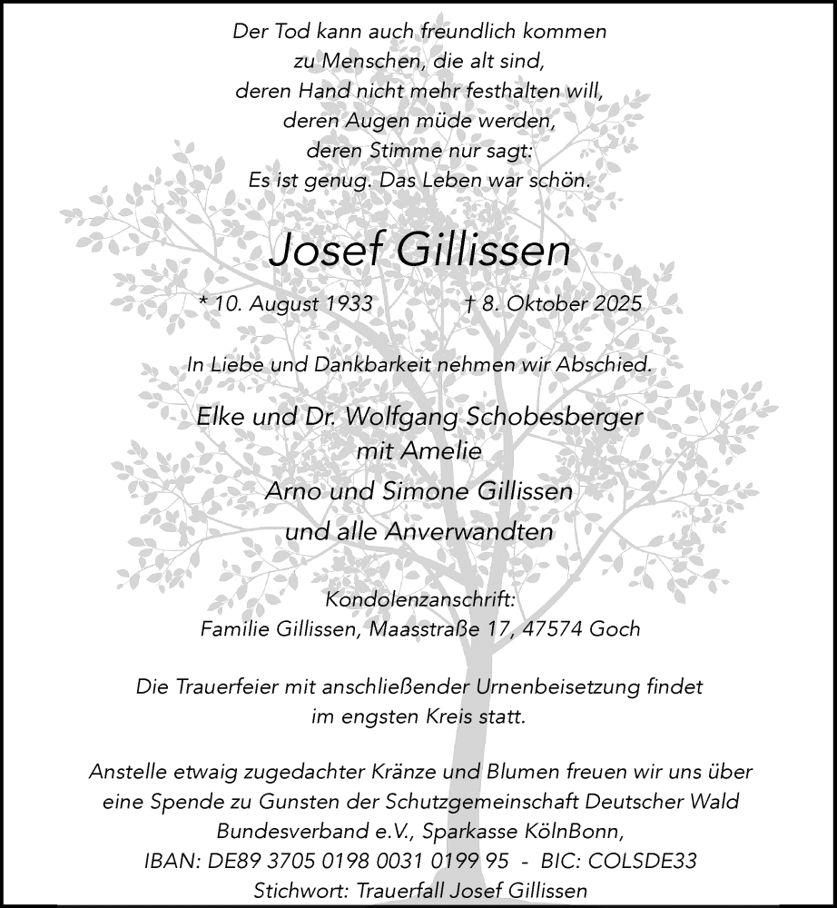  Traueranzeige für Josef Gillissen vom 18.10.2025 aus Rheinische Post
