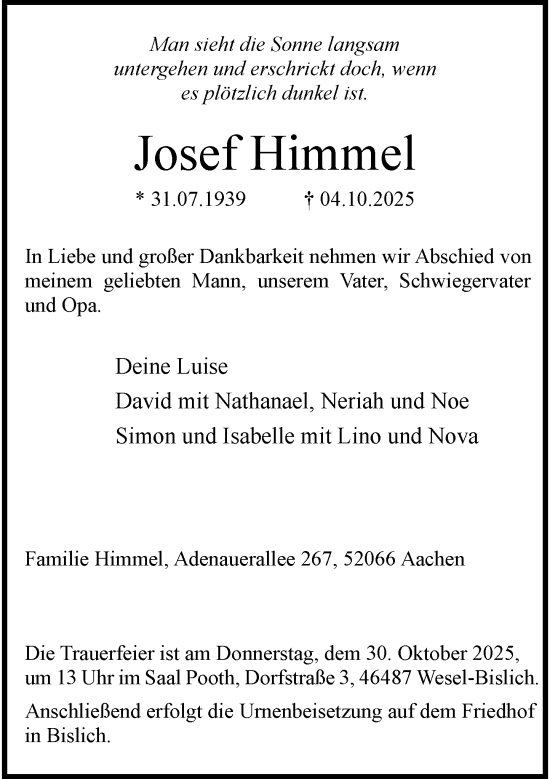 Traueranzeige von Josef Himmel von Rheinische Post