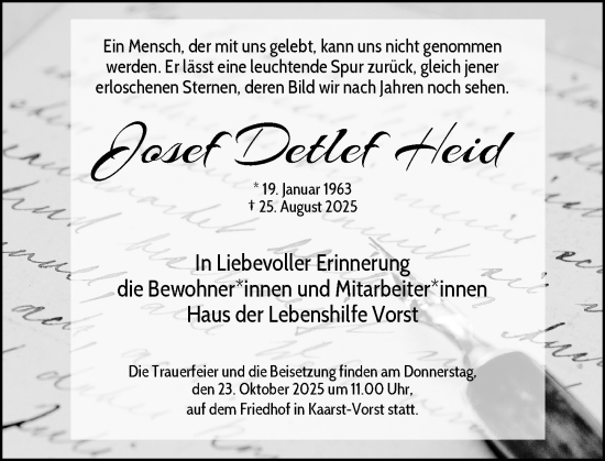 Traueranzeige von Josef Detlef Heid von Rheinische Post
