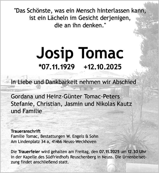 Traueranzeige von Josip Tomac von Rheinische Post