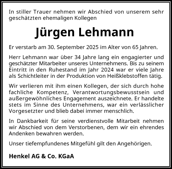 Traueranzeige von Jürgen Lehmann von Rheinische Post