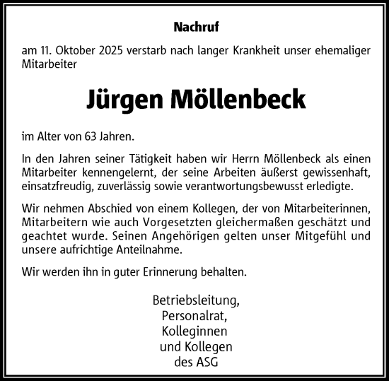 Traueranzeige von Jürgen Möllenbeck von Rheinische Post