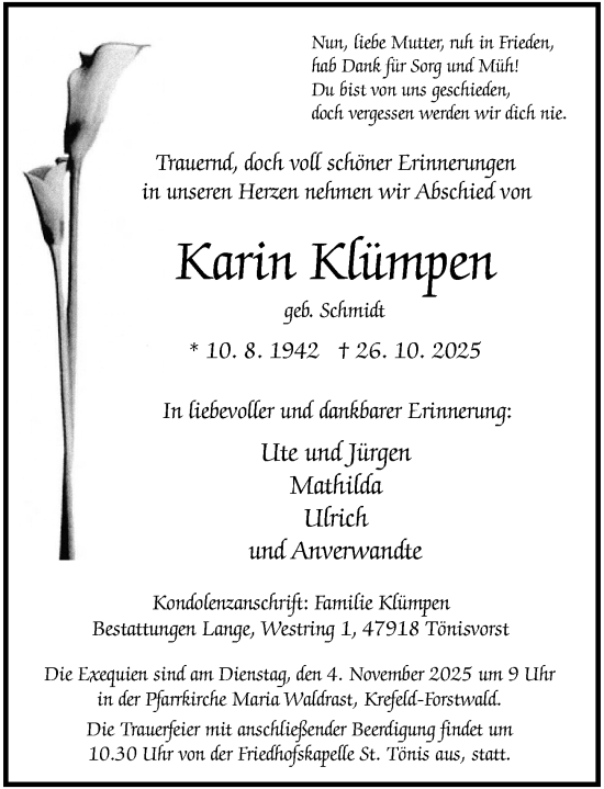Traueranzeige von Karin Klümpen von Rheinische Post