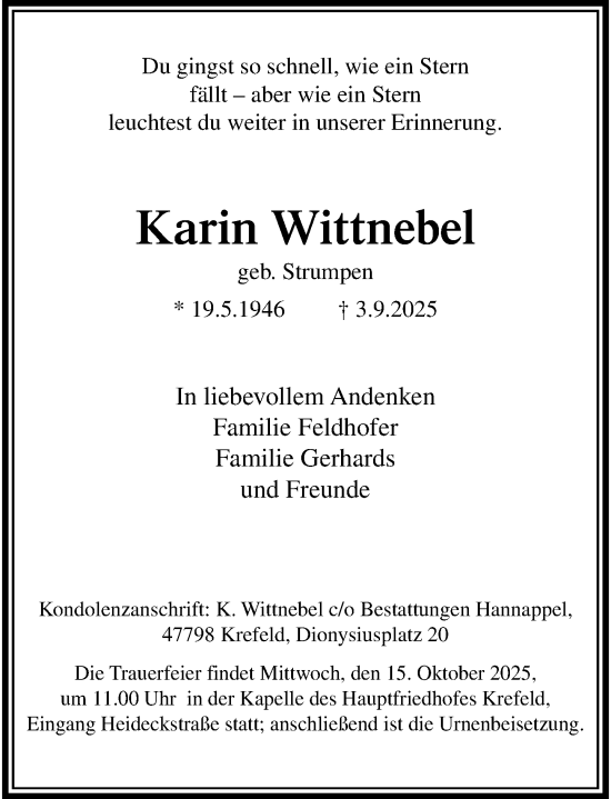 Traueranzeige von Karin Wittnebel von Rheinische Post