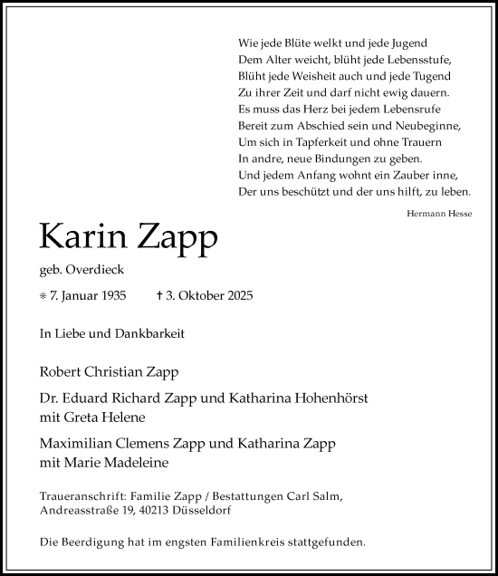 Traueranzeige von Karin Zapp von Rheinische Post