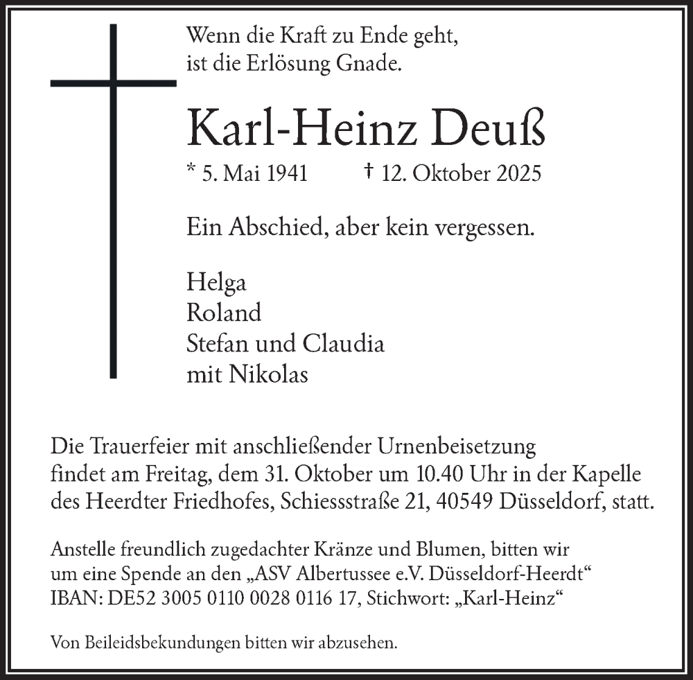  Traueranzeige für Karl-Heinz Deuß vom 25.10.2025 aus Rheinische Post