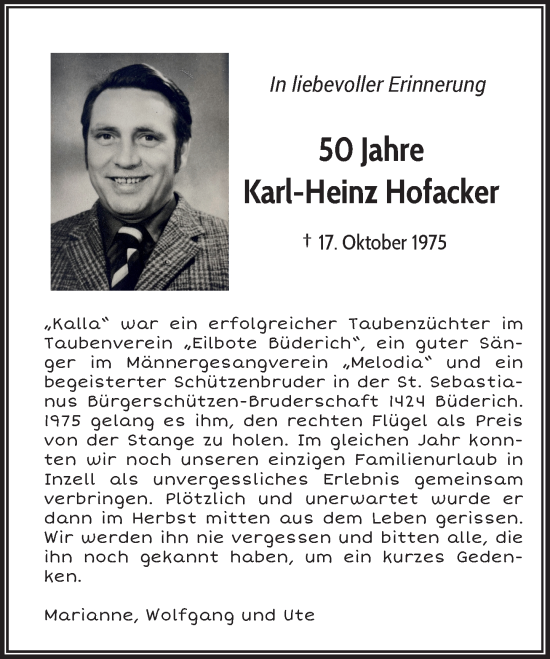 Traueranzeige von Karl-Heinz Hofacker von Rheinische Post