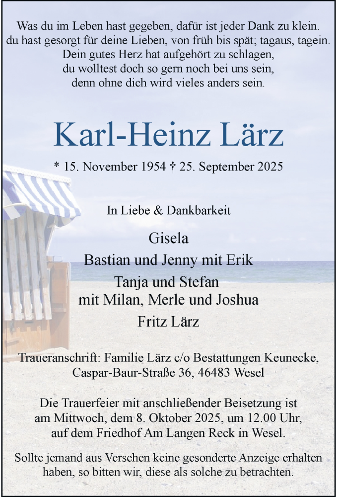  Traueranzeige für Karl-Heinz Lärz vom 04.10.2025 aus Rheinische Post