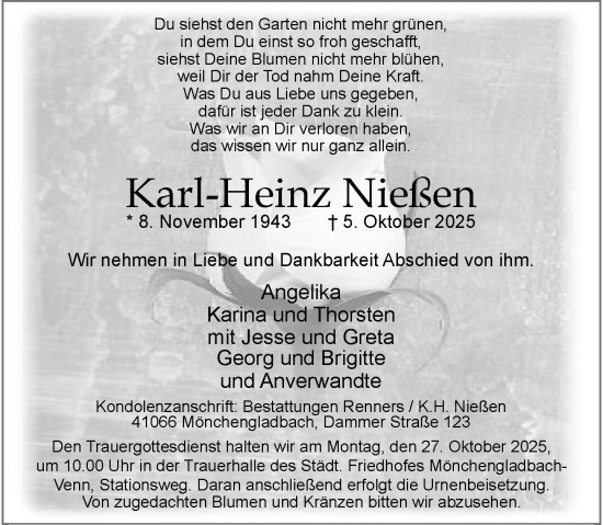 Traueranzeige von Karl-Heinz Nießen von Rheinische Post