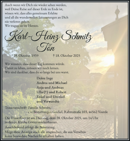 Traueranzeige von Karl-Heinz Schmitz von Rheinische Post