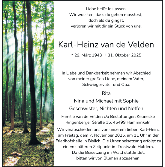 Traueranzeige von Karl-Heinz van de Velden von Rheinische Post