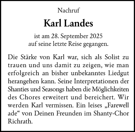 Traueranzeige von Karl Landes von Rheinische Post