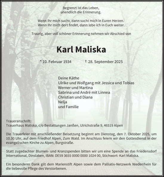 Traueranzeige von Karl Maliska von Rheinische Post