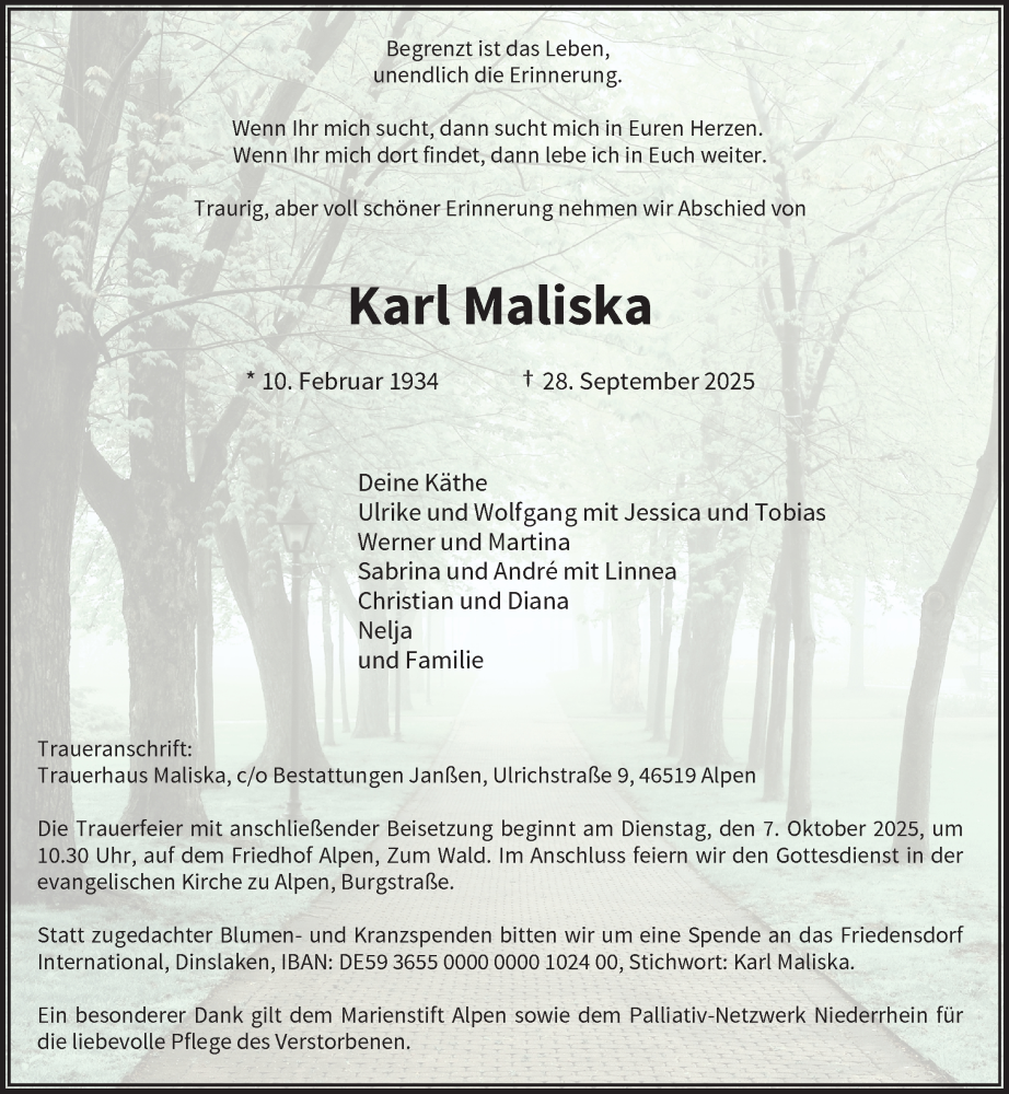  Traueranzeige für Karl Maliska vom 04.10.2025 aus Rheinische Post