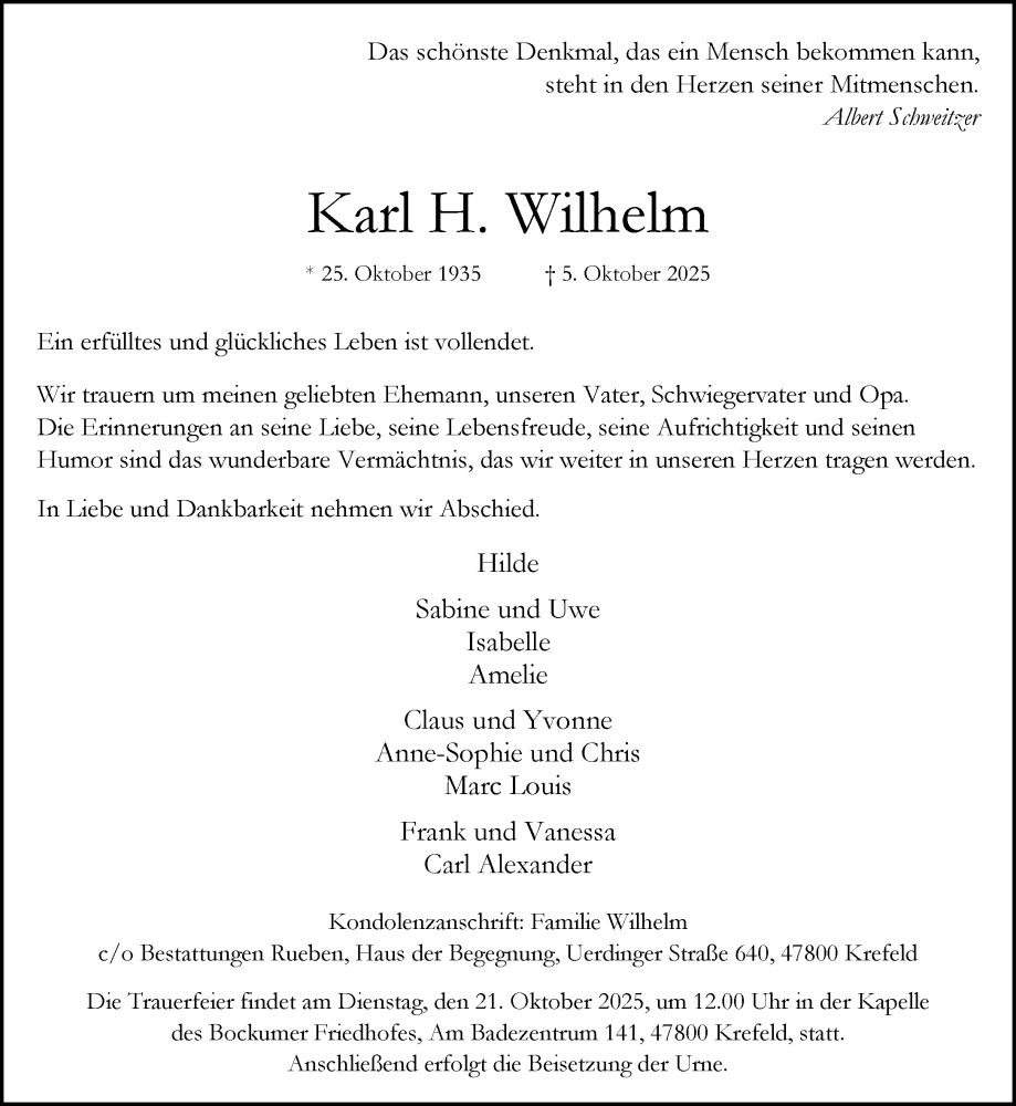  Traueranzeige für Karl H. Wilhelm vom 11.10.2025 aus Rheinische Post
