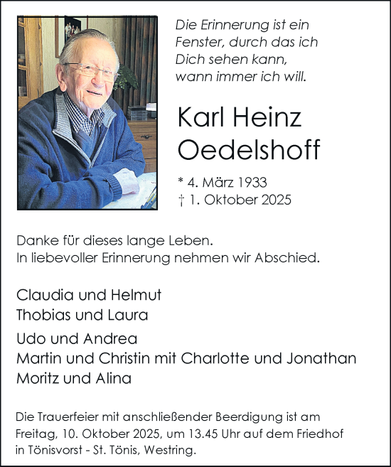Traueranzeige von Karl Heinz Oedelshoff von Rheinische Post