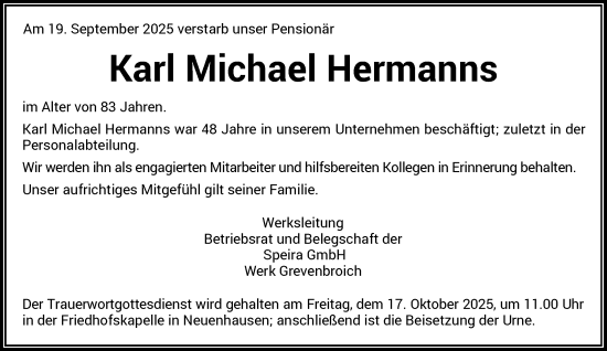 Traueranzeige von Karl Michael Hermanns von Rheinische Post