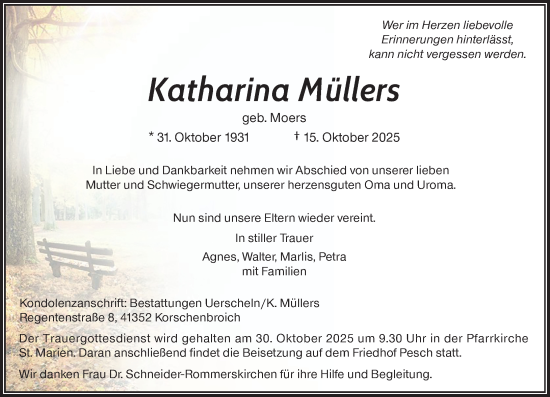 Traueranzeige von Katharina Müllers von Rheinische Post