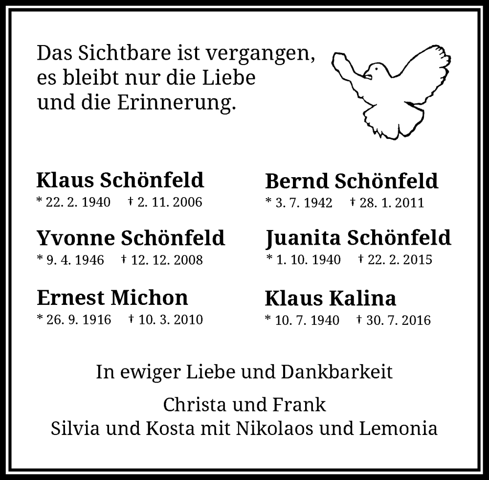  Traueranzeige für Klaus, Bernd, Yvonne, Juanita, Ernest, Klaus Schönfeld, Michon, Kalina vom 01.11.2025 aus Rheinische Post