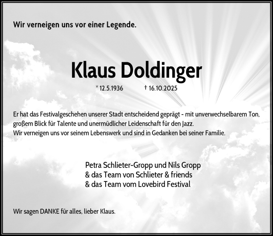 Traueranzeige von Klaus Doldinger von Rheinische Post