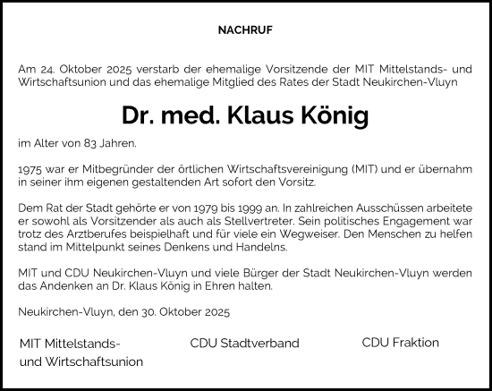 Traueranzeige von Klaus König von Rheinische Post