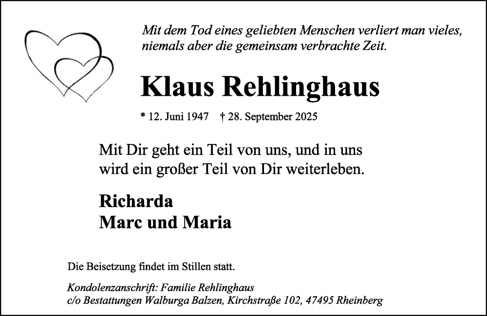  Traueranzeige für Klaus Rehlinghaus vom 04.10.2025 aus Rheinische Post