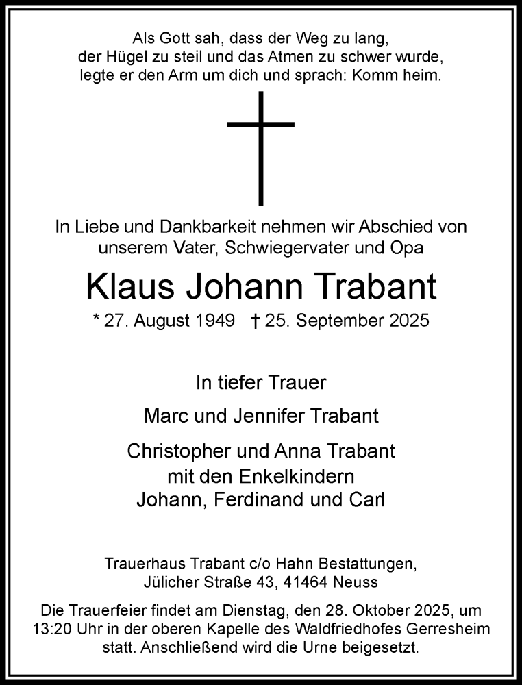  Traueranzeige für Klaus Johann Trabant vom 25.10.2025 aus Rheinische Post