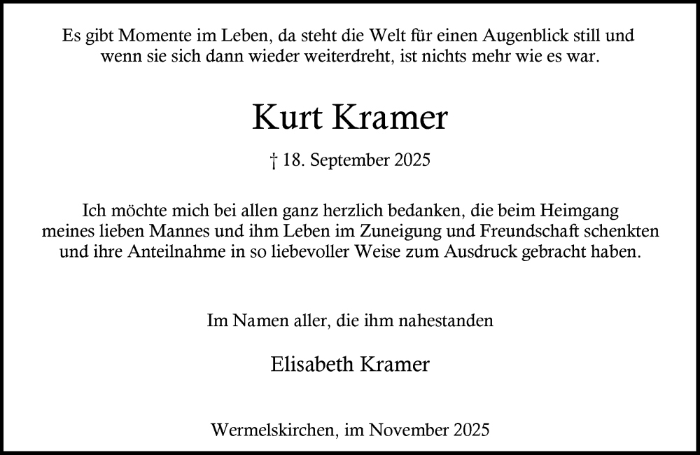  Traueranzeige für Kurt Kramer vom 01.11.2025 aus Rheinische Post