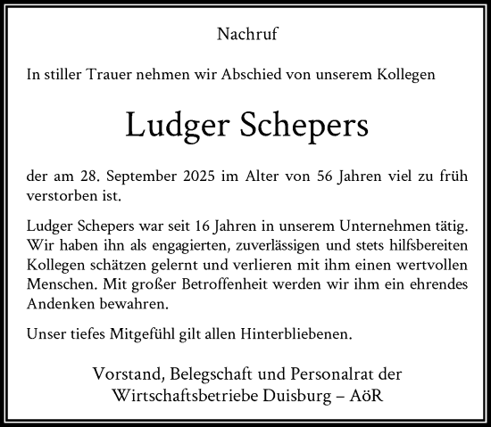 Traueranzeige von Ludger Schepers von Rheinische Post