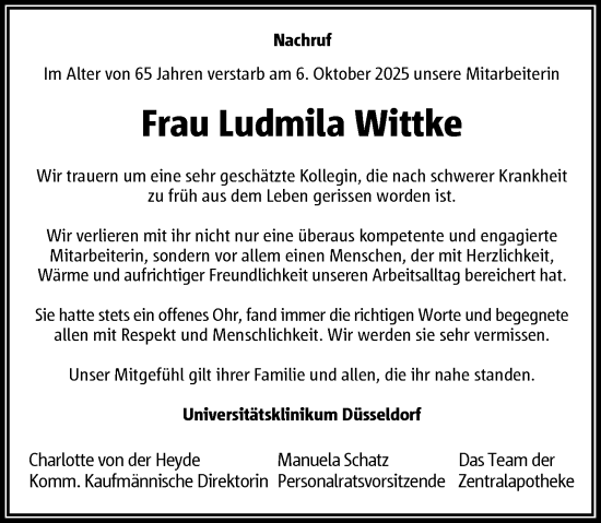 Traueranzeige von Ludmila Wittke von Rheinische Post