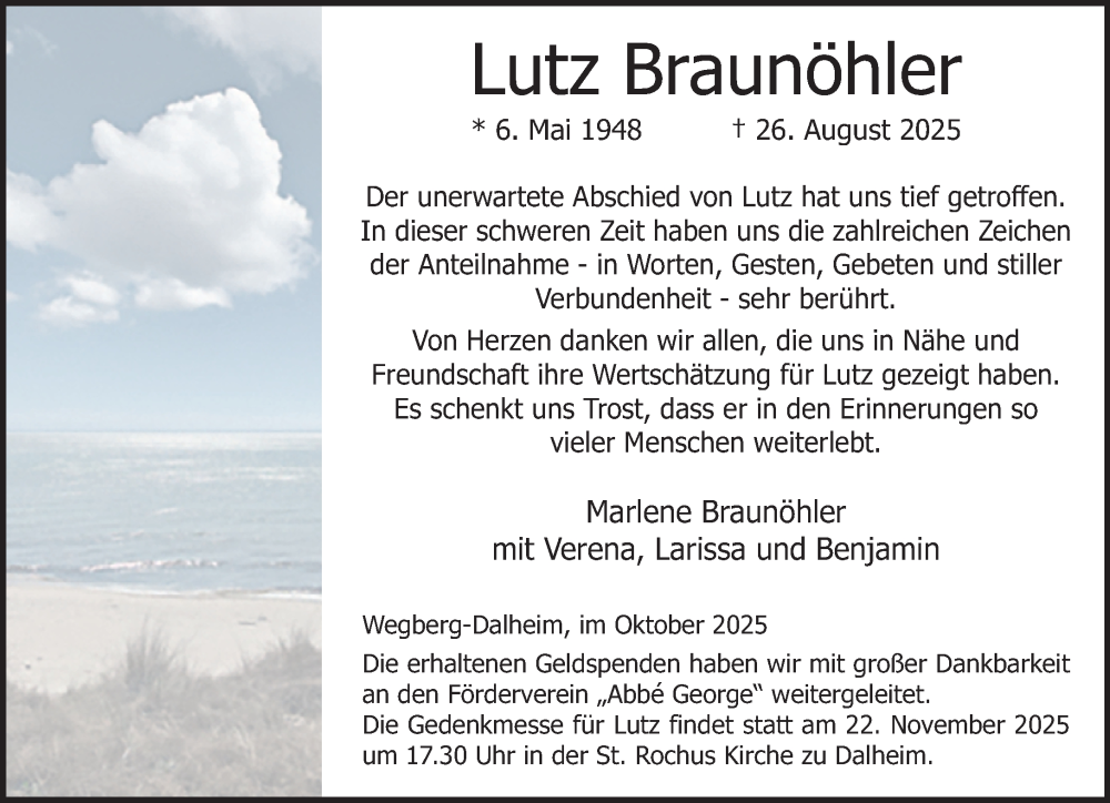  Traueranzeige für Lutz Braunöhler vom 18.10.2025 aus Rheinische Post