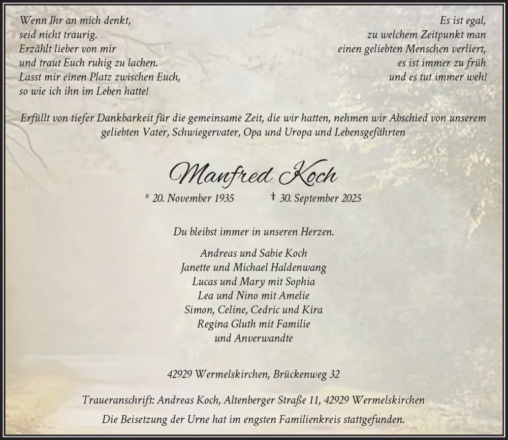  Traueranzeige für Manfred Koch vom 11.10.2025 aus Rheinische Post