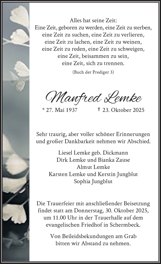 Traueranzeige von Manfred Lemke von Rheinische Post