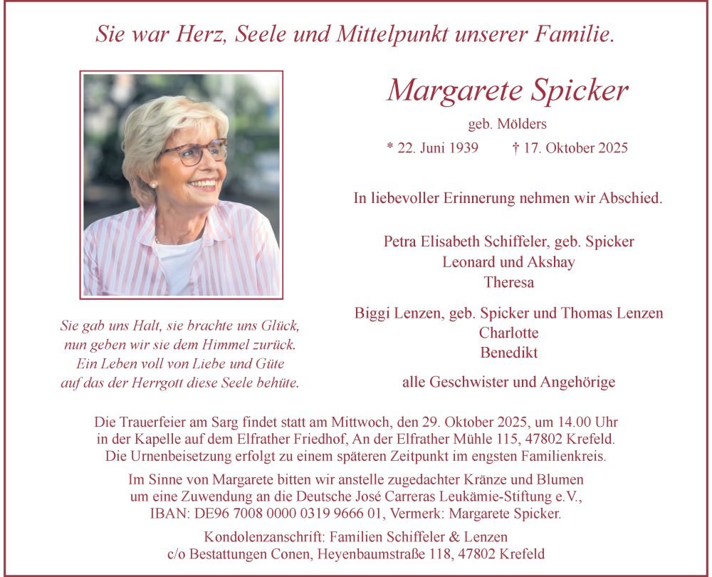  Traueranzeige für Margarete Spicker vom 25.10.2025 aus Rheinische Post