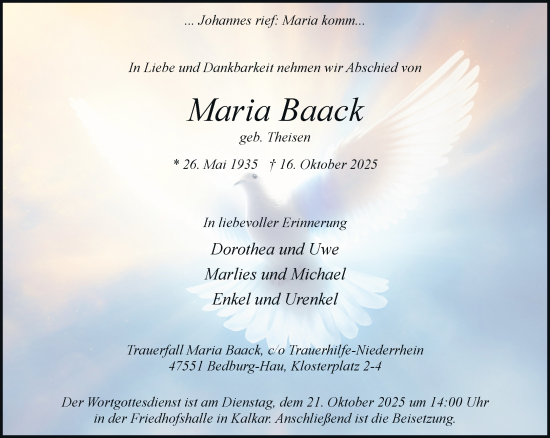 Traueranzeige von Maria Baack von Rheinische Post