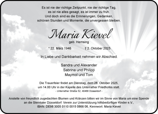 Traueranzeige von Maria Kievel von Rheinische Post